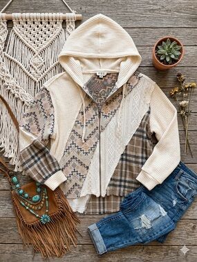 POL Mixed Media Patchwork Hoodie Boho Zip Jacket Small NWOT